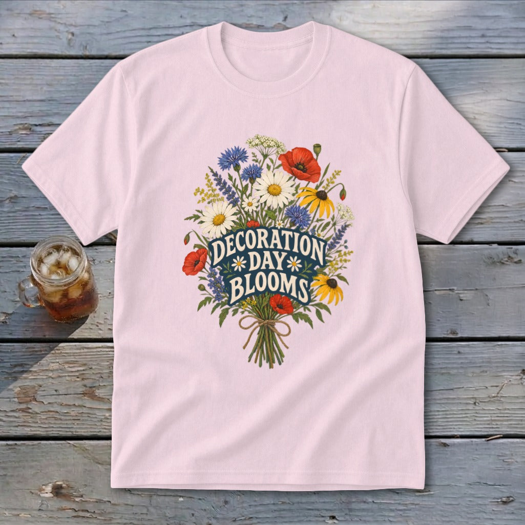 Pink t-shirt with a bouquet of flowers and "Decoration Day Blooms" text.