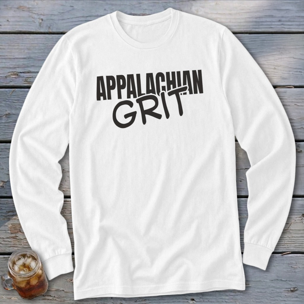 White long-sleeved shirt with "APPALACHIAN GRIT" text in black bold font.