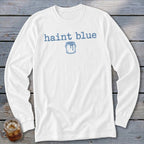 White long-sleeve shirt with "haint blue" text and a paint can graphic.