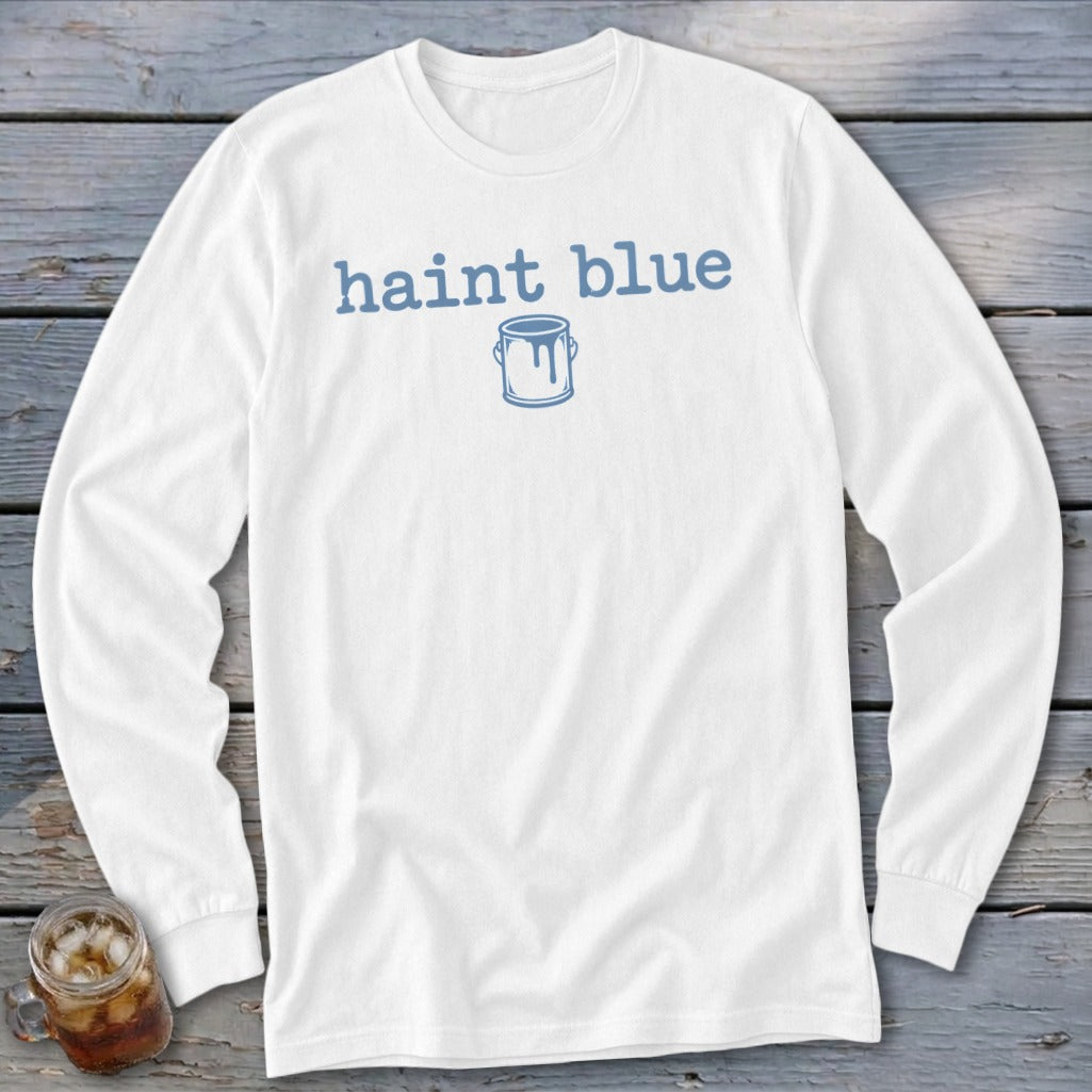 White long-sleeve shirt with "haint blue" text and a paint can graphic.