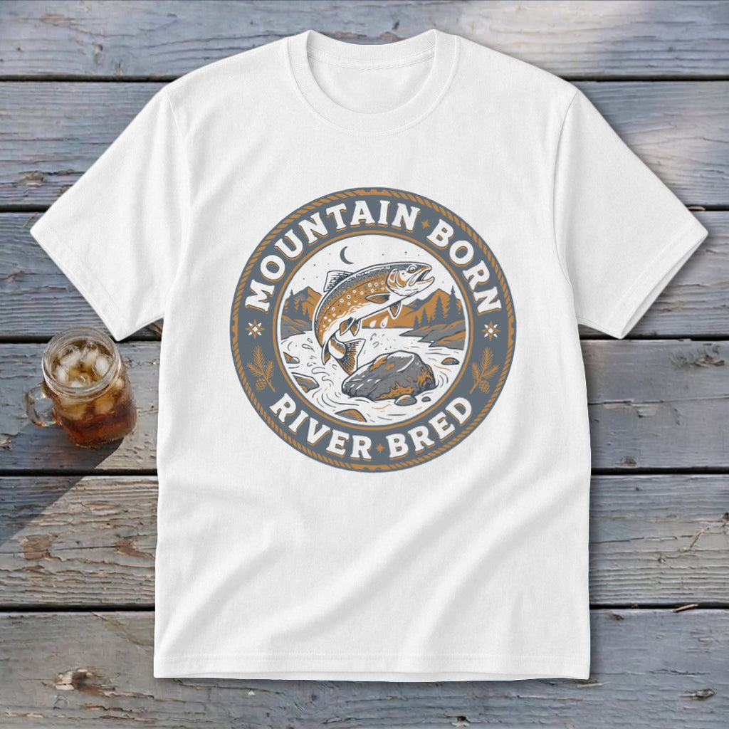 White t-shirt with circular graphic of jumping trout and text "Mountain Born River Bred".
