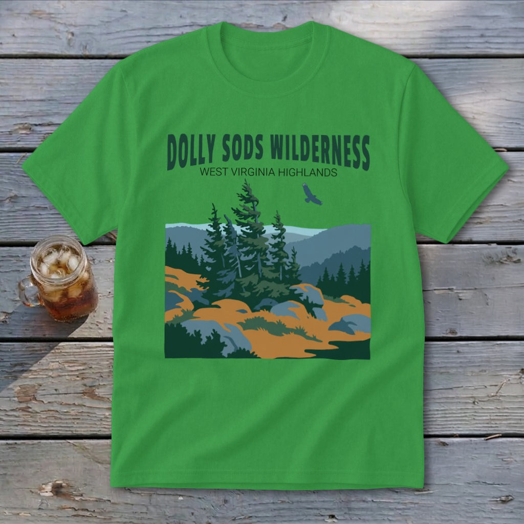 Bright green t-shirt with a graphic of Dolly Sods Wilderness landscape, including trees, hills, and text.
