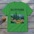Bright green t-shirt with a graphic of Dolly Sods Wilderness landscape, including trees, hills, and text.