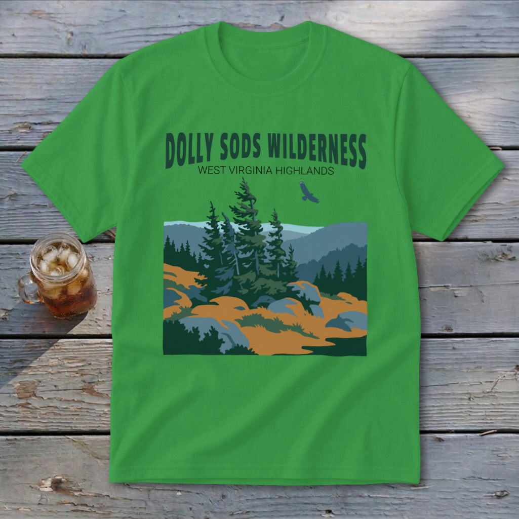Bright green t-shirt with a graphic of Dolly Sods Wilderness landscape, including trees, hills, and text.
