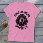 Pink t-shirt with black "Holler Hound Society" text and dog graphic.