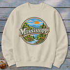 Cream sweatshirt with circular "Mississippi" graphic of mountains, river, and deer.