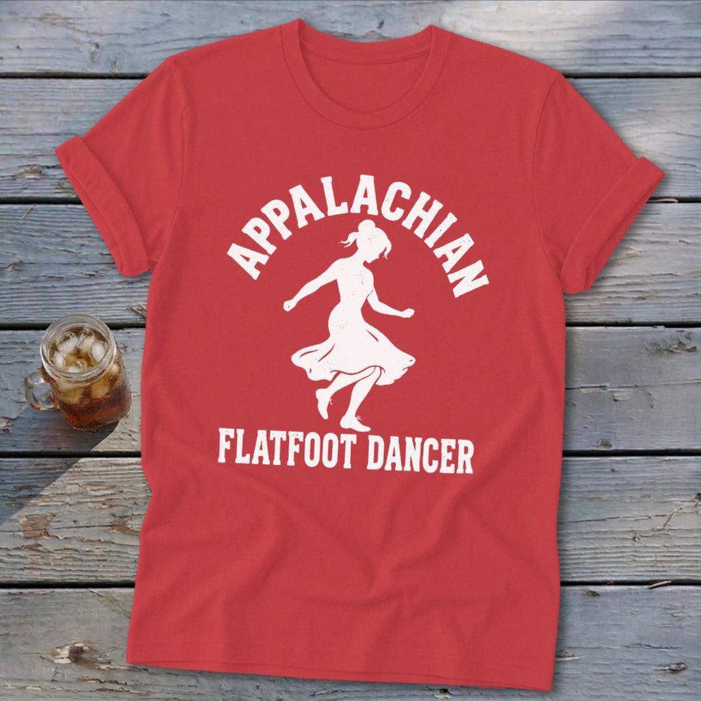 A red crewneck t-shirt with a white silhouette of a female dancer and the text Appalachian Flatfoot Dancer.