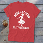A red crewneck t-shirt with a white silhouette of a female dancer and the text Appalachian Flatfoot Dancer.