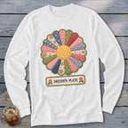 White long-sleeve shirt featuring a colorful Dresden Plate quilt design and text.
