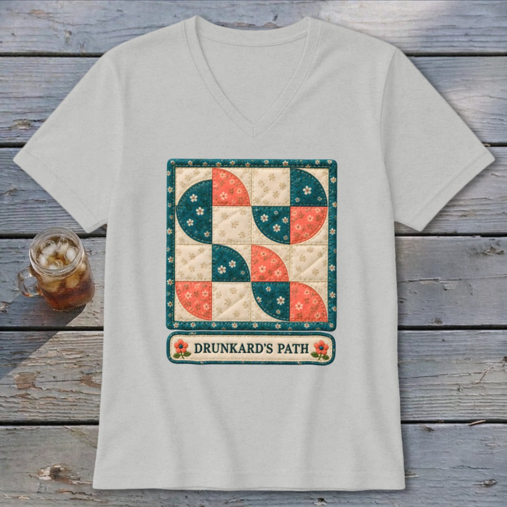 Light gray v-neck t-shirt with a quilt pattern and "Drunkard's Path" text.