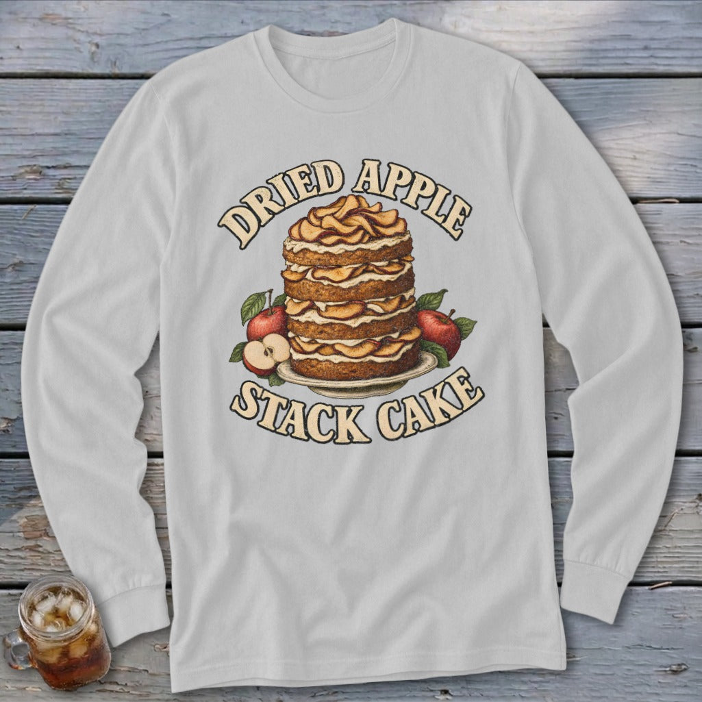 Long sleeve shirt with a dried apple stack cake illustration and text.