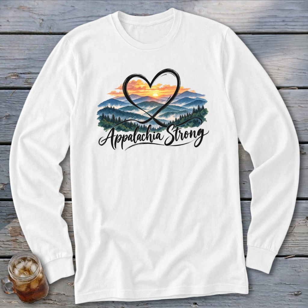 White long-sleeve shirt with "Appalachia Strong" text and mountain sunset graphic.
