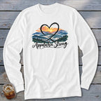 White long-sleeve shirt with "Appalachia Strong" text and mountain sunset graphic.
