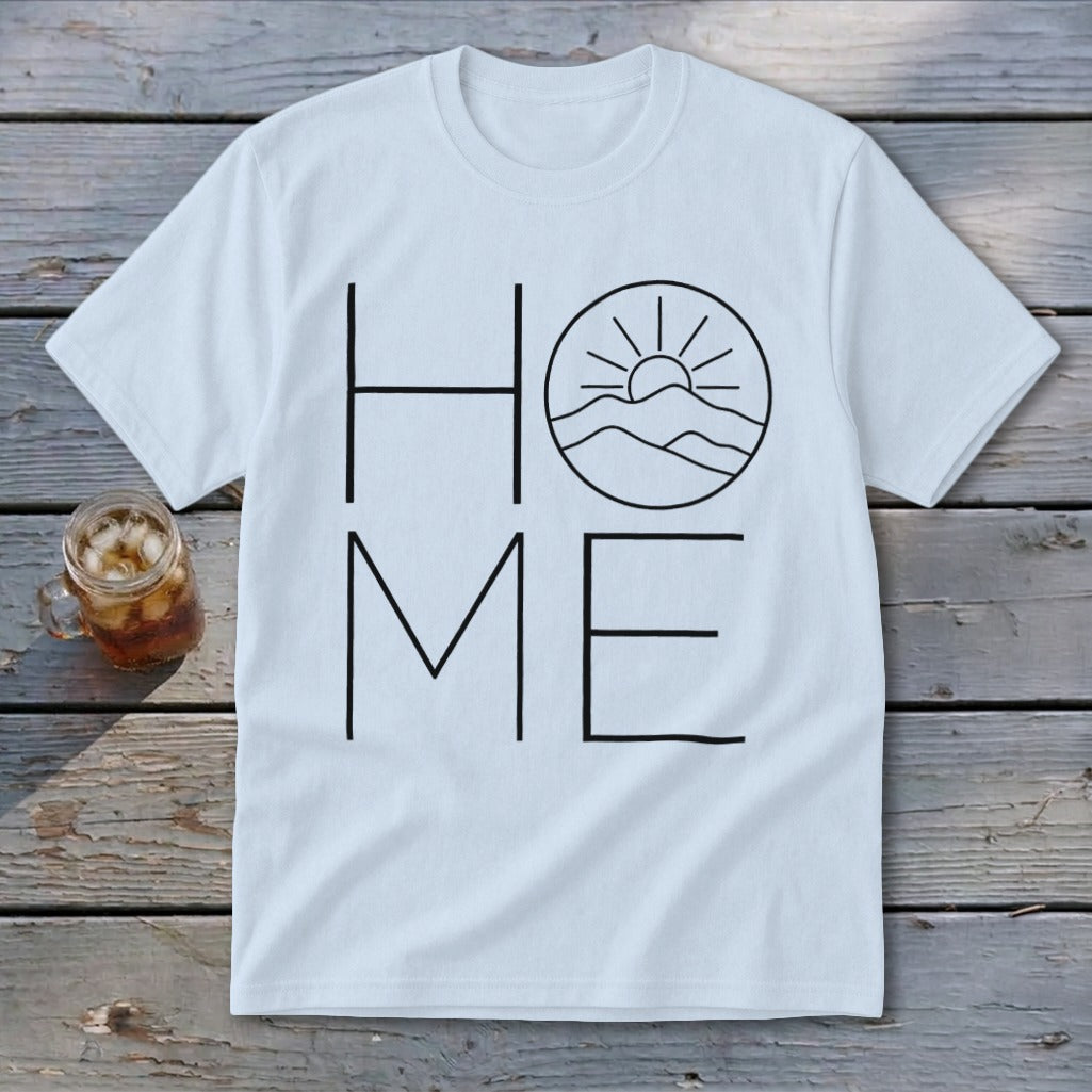 A white t-shirt featuring a black graphic that spells HOME, with a mountain and sun illustration replacing the letter O.