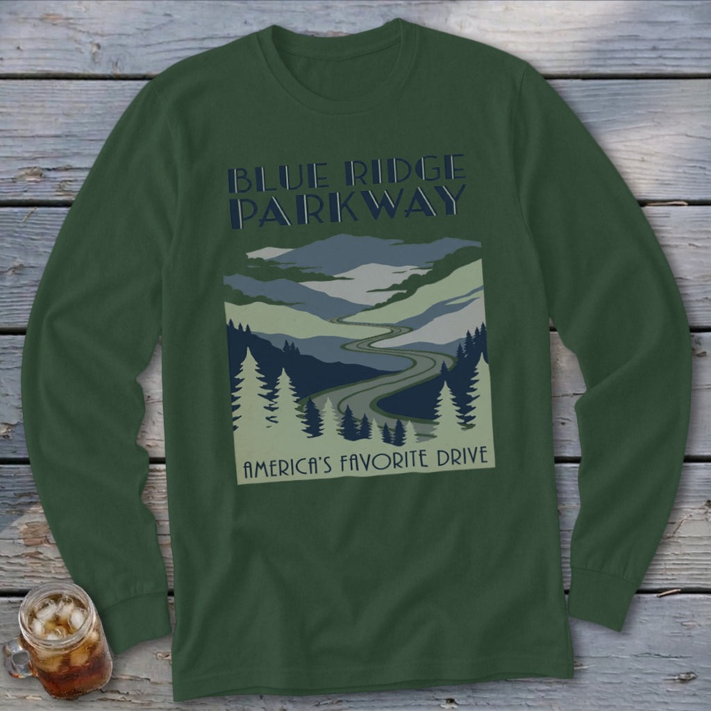 Dark green long-sleeve t-shirt with a vintage Blue Ridge Parkway graphic on the chest.