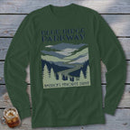 Dark green long-sleeve t-shirt with a vintage Blue Ridge Parkway graphic on the chest.