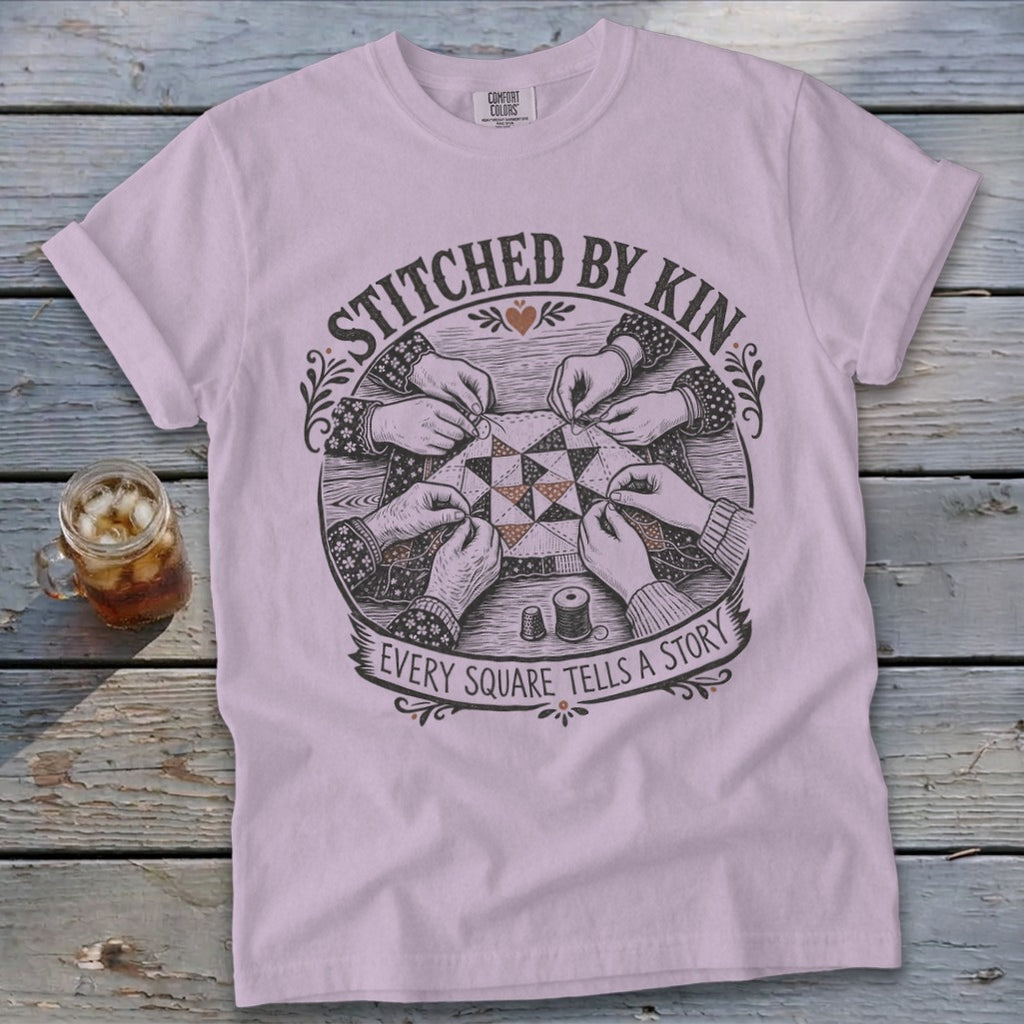 Stitched by Kin quilt-making design with hands and thread.