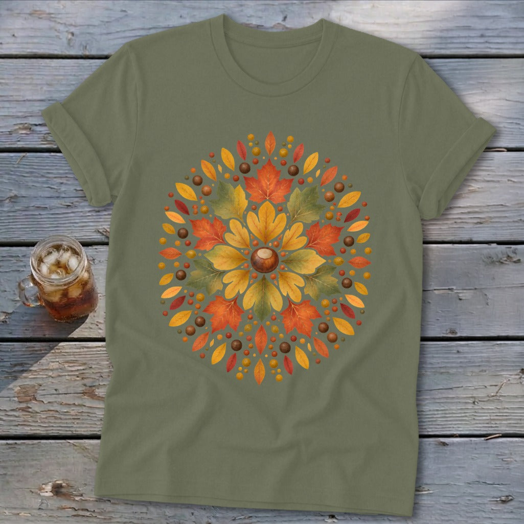 Olive green t-shirt with a circular autumn leaf and chestnut design.