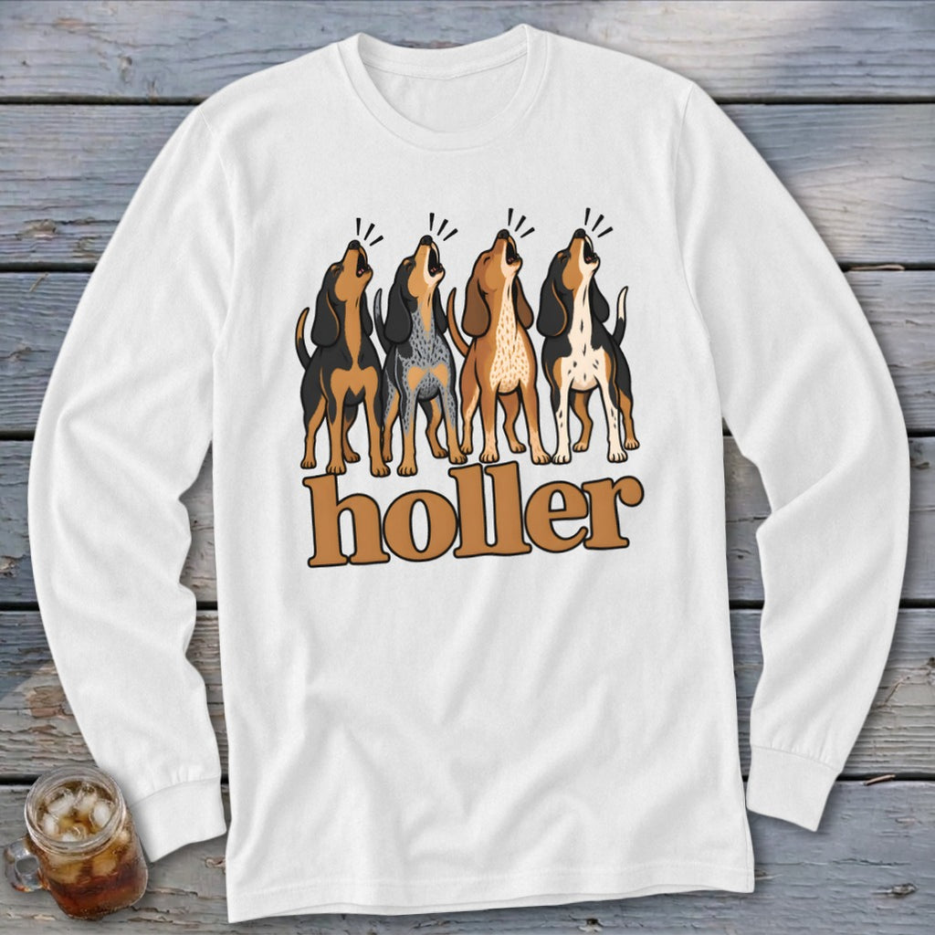 White long-sleeve shirt with four howling dogs and the word "holler".