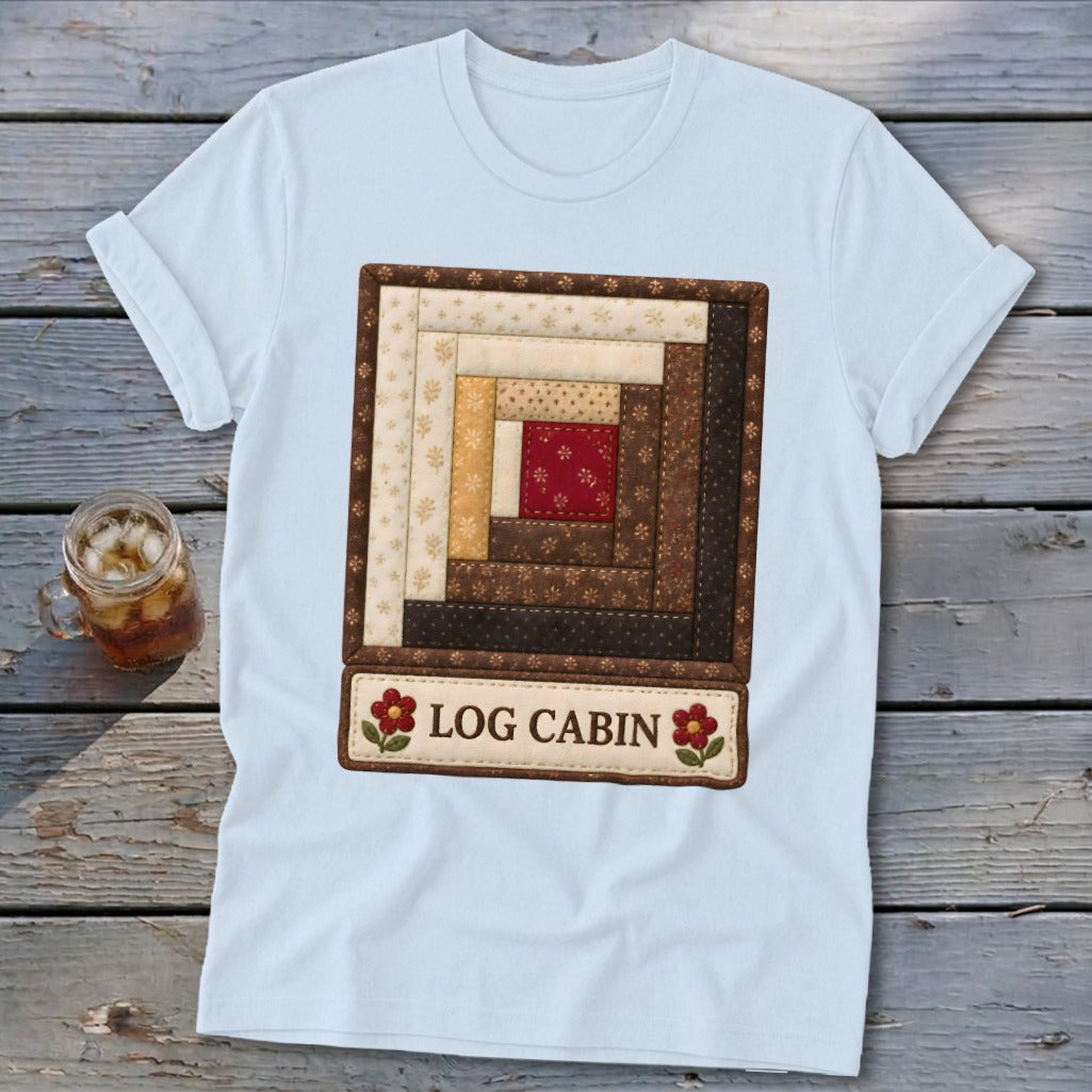 Light blue t-shirt with a log cabin quilt design and "LOG CABIN" text.