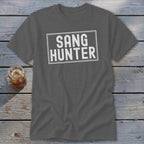 Grey t-shirt with "SANG HUNTER" text in white lettering.