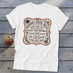 White t-shirt with "Mamaw's House Rules" list and rocking chair graphic.