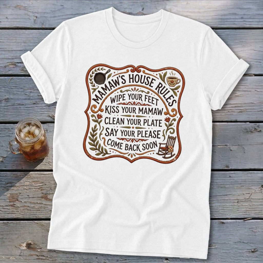 White t-shirt with "Mamaw's House Rules" list and rocking chair graphic.