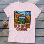 Pink t-shirt with a cartoon of Red River Gorge and the words "Red River Gorge."