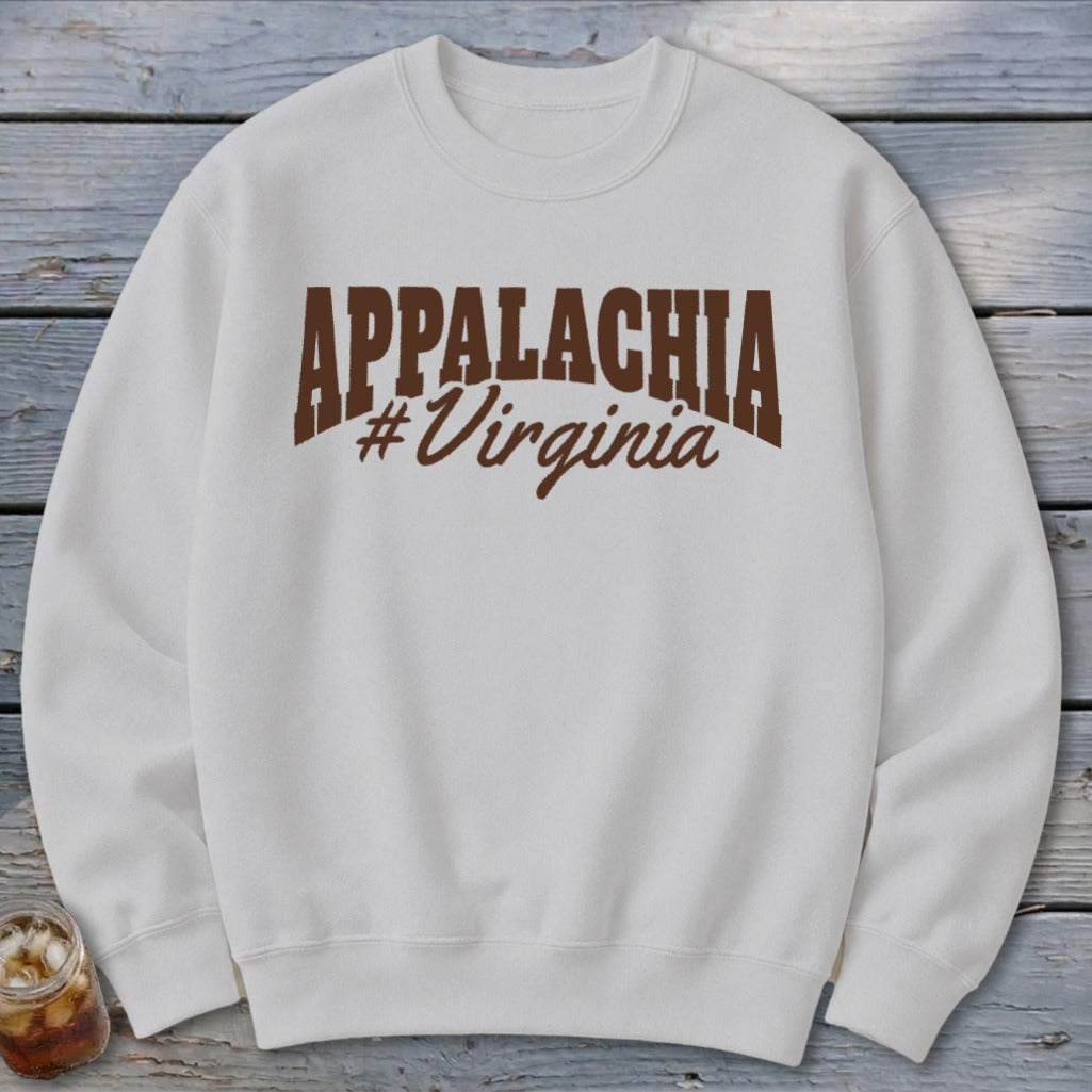 White sweatshirt with brown text that says "APPALACHIA #Virginia".