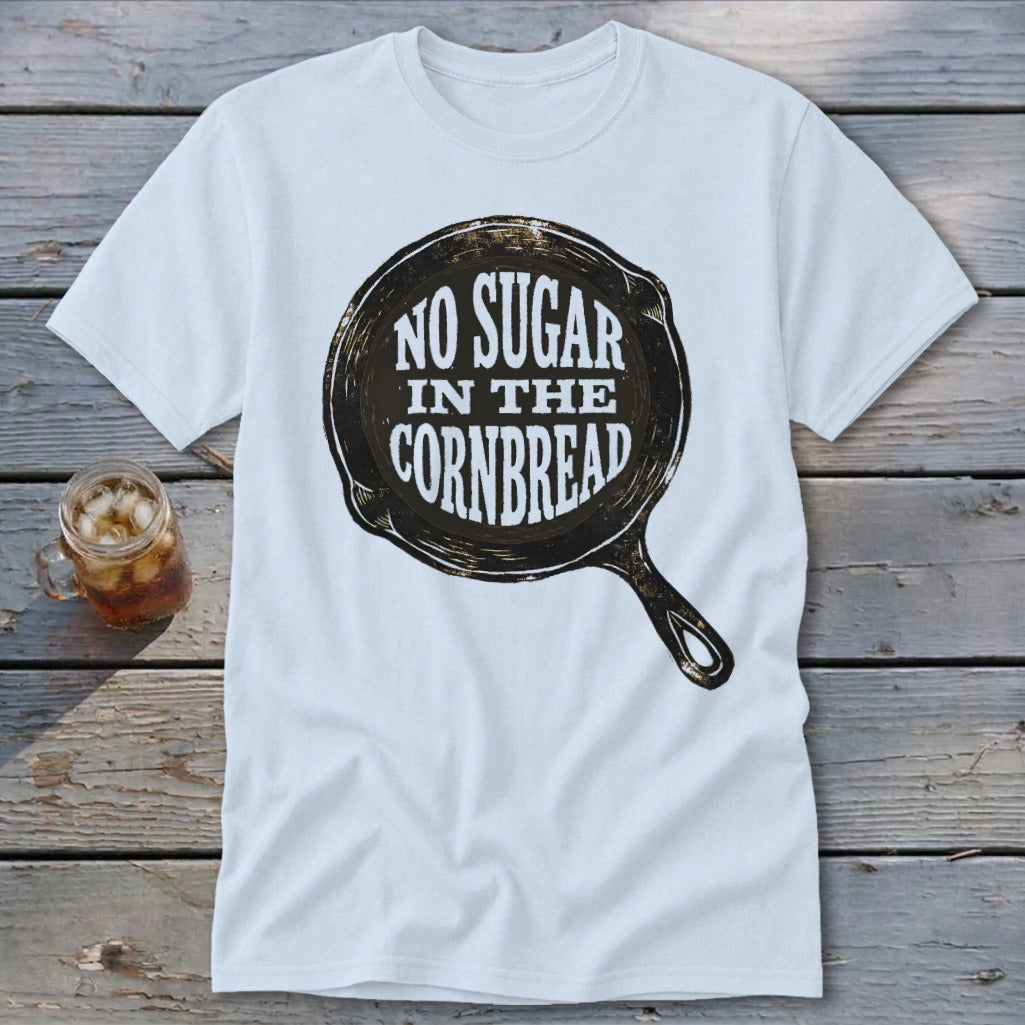 White t-shirt with cast iron skillet graphic that reads "No Sugar In The Cornbread".