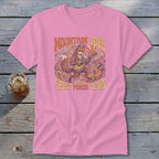 Pink t-shirt with a fox playing a guitar, featuring "Mountain Soul" and "Front Porch Pickin'".