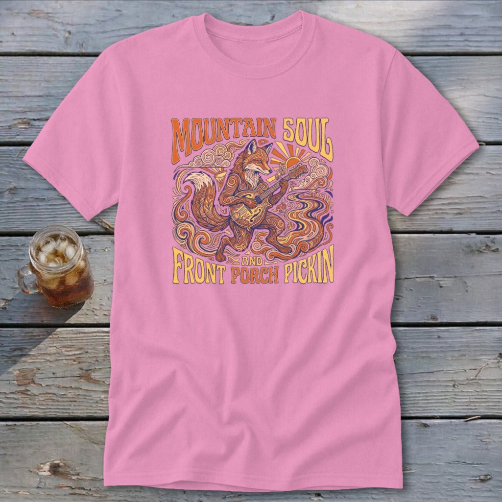 Pink t-shirt with a fox playing a guitar, featuring "Mountain Soul" and "Front Porch Pickin'".