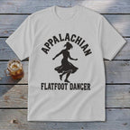 A light gray crewneck t-shirt featuring a black silhouette of a female dancer and the text Appalachian Flatfoot Dancer.