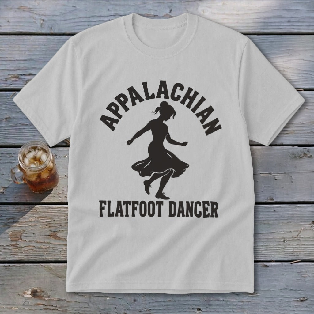 A light gray crewneck t-shirt featuring a black silhouette of a female dancer and the text Appalachian Flatfoot Dancer.