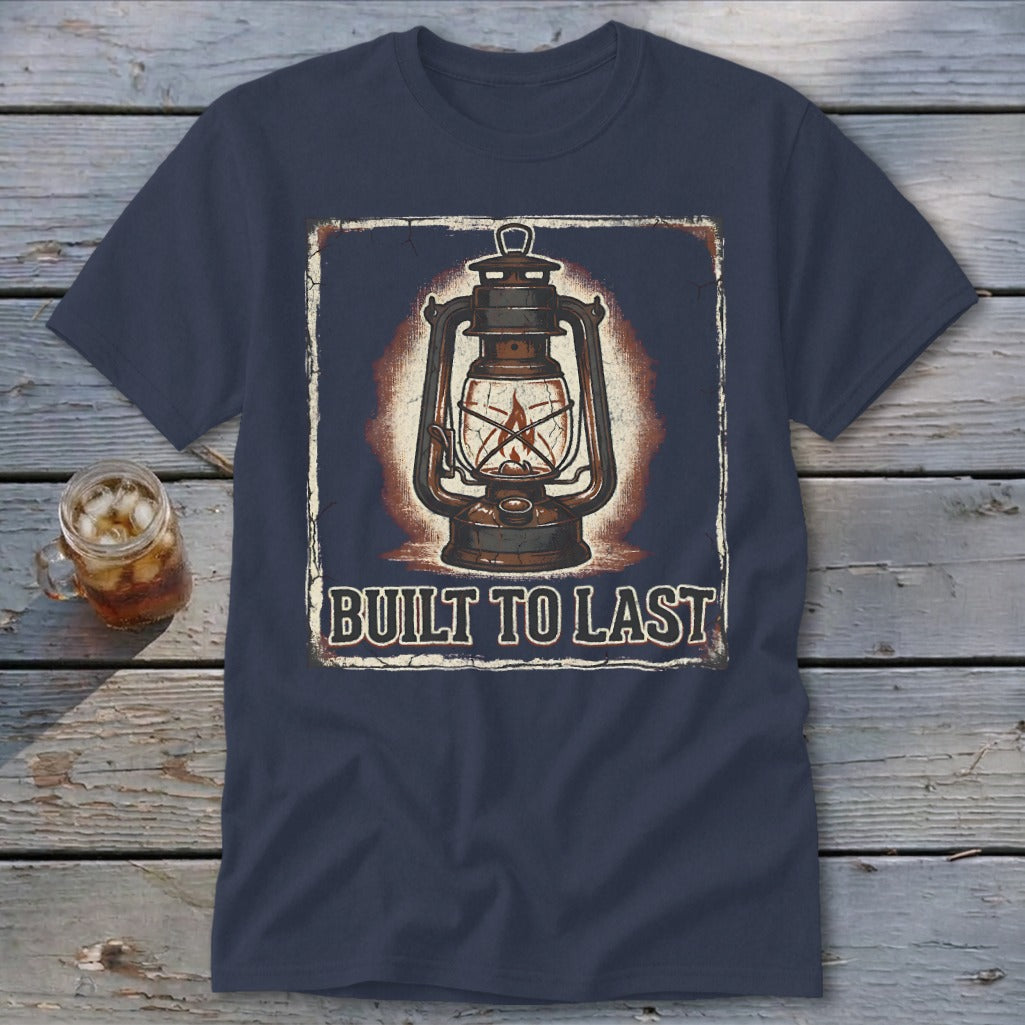 Navy t-shirt with a vintage lantern graphic and text "BUILT TO LAST".