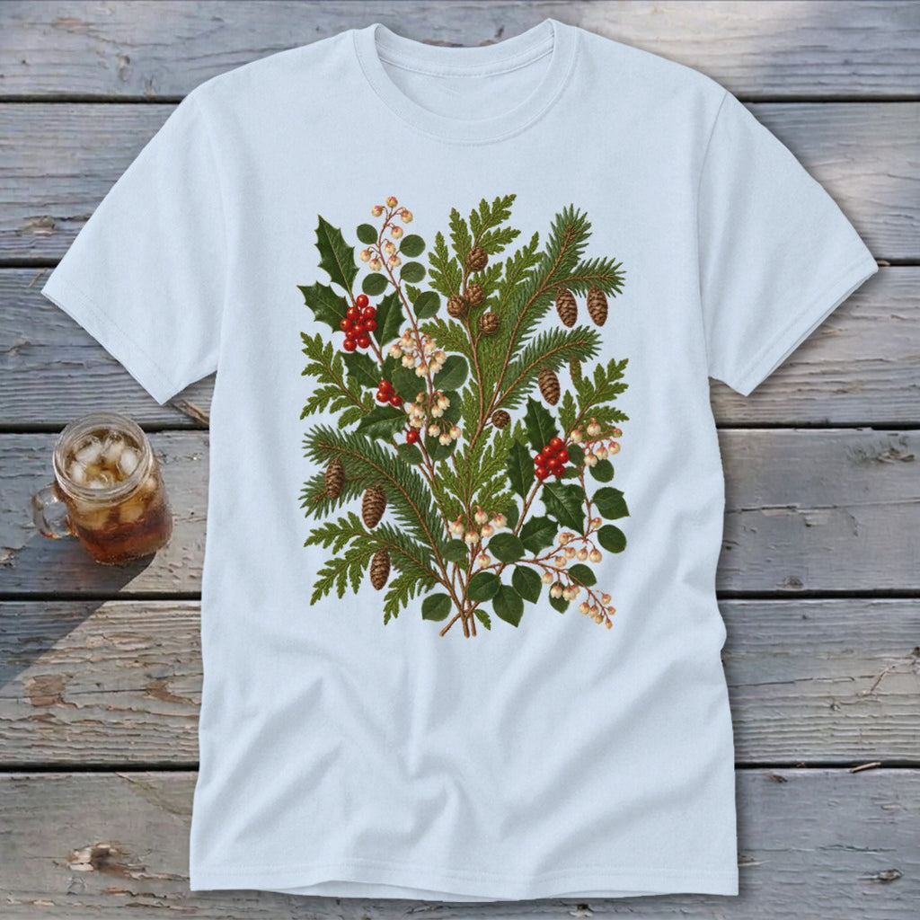Light blue t-shirt with a vintage botanical illustration of pine, holly, berries, and pinecones.