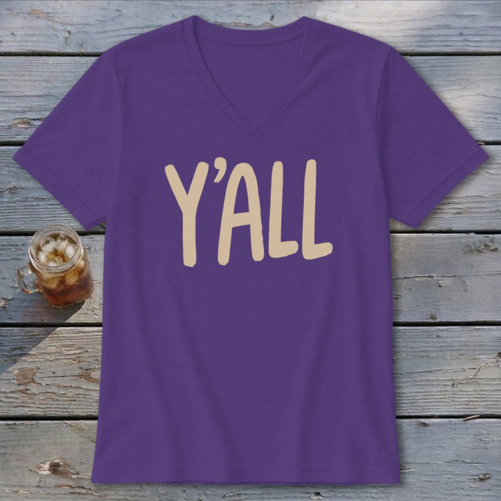 Purple v-neck t-shirt with "Y'ALL" printed in tan text.