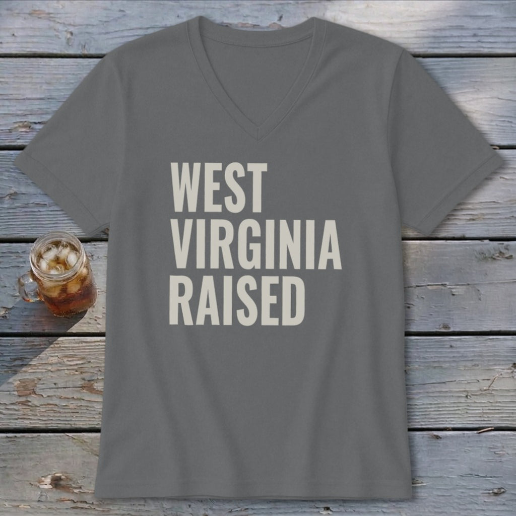 Gray V-neck t-shirt with "WEST VIRGINIA RAISED" text in cream.