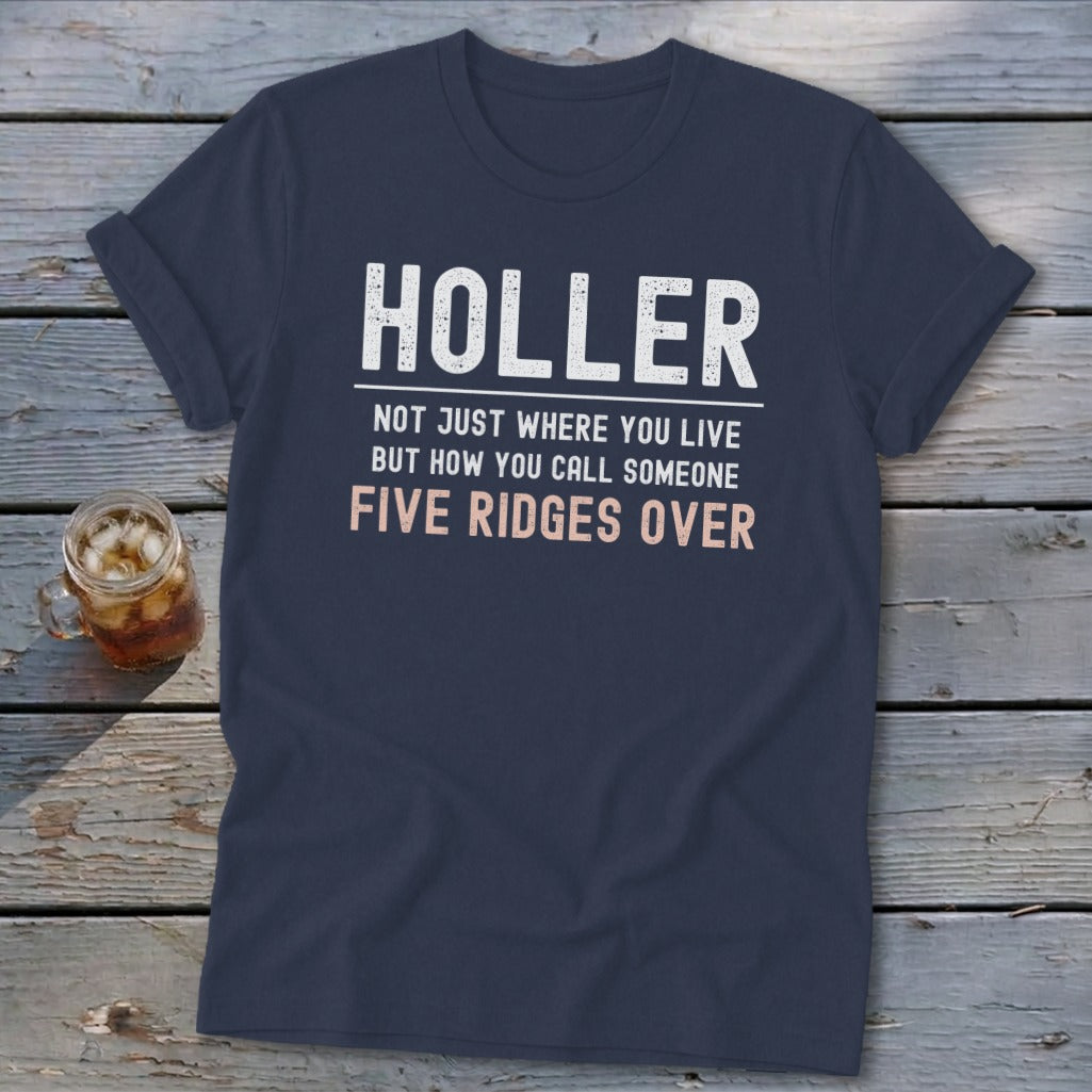 Navy t-shirt with "HOLLE" and "FIVE RIDGES OVER" text.