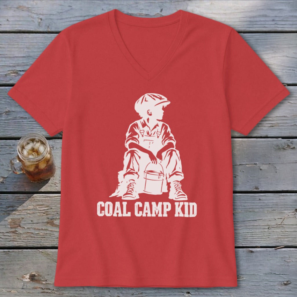 Red t-shirt with "COAL CAMP KID" graphic of a young boy.
