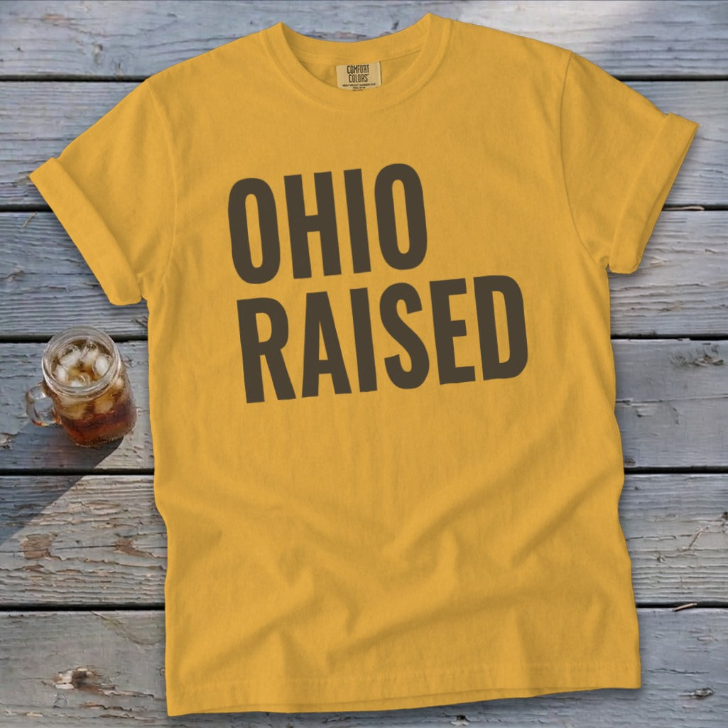 Yellow t-shirt with "OHIO RAISED" text in dark brown on a wooden background.