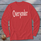 Red long sleeve t-shirt with "Overyonder" in white handwritten text.