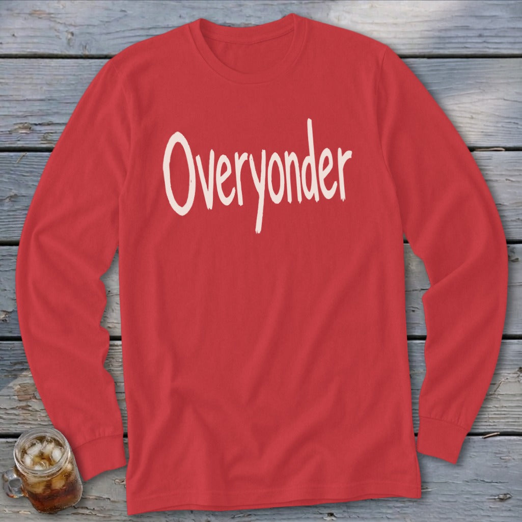 Red long sleeve t-shirt with "Overyonder" in white handwritten text.