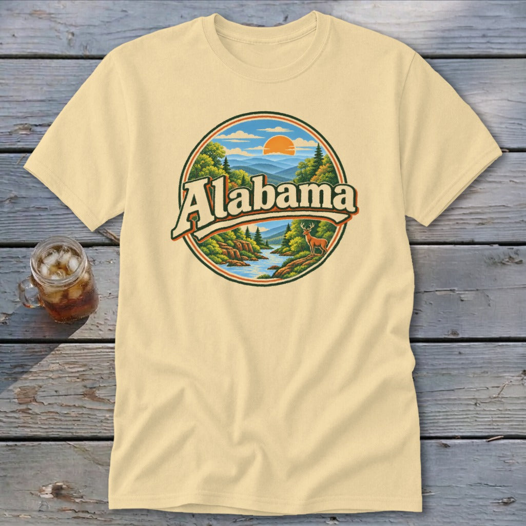 Cream t-shirt with circular graphic of Alabama landscape and deer.