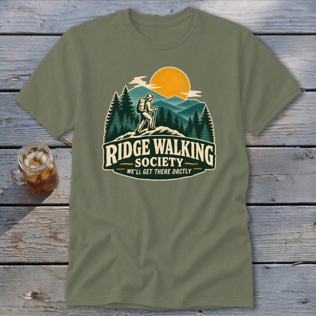 Olive green t-shirt with "Ridge Walking Society" graphic and hiker on a mountain.