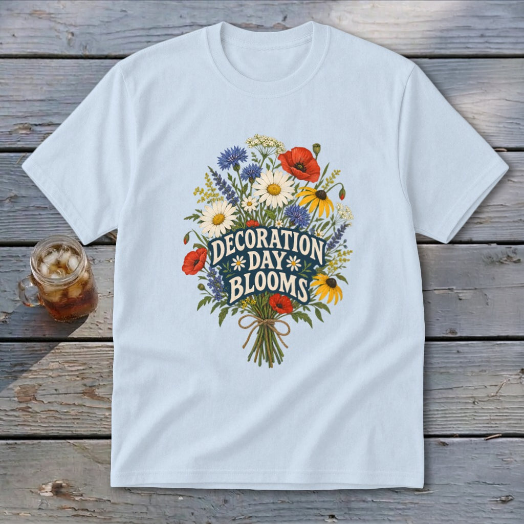 Light blue t-shirt with "Decoration Day Blooms" text and floral bouquet graphic.