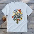 Light blue t-shirt with "Decoration Day Blooms" text and floral bouquet graphic.