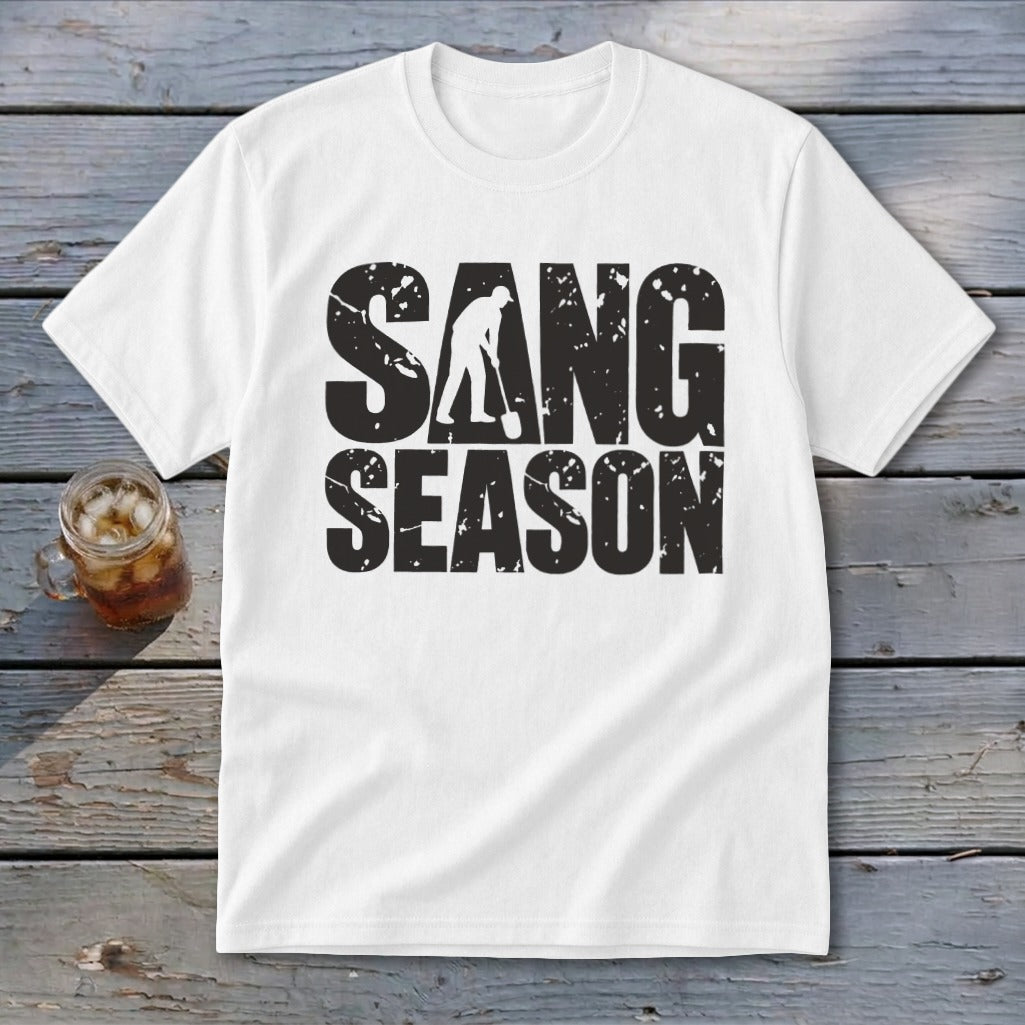 A white short-sleeved t-shirt with black distressed text reading SANG SEASON and a graphic of a digger.