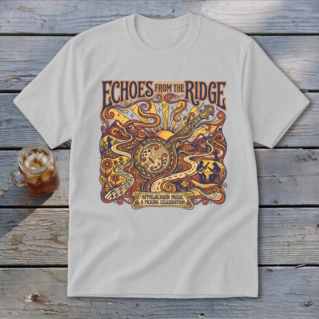 White t-shirt with "Echoes From The Ridge" and Appalachian Music & Picking Celebration graphic.