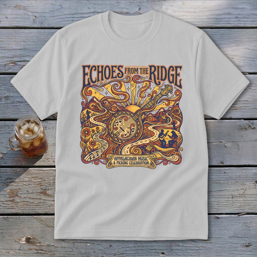White t-shirt with "Echoes From The Ridge" and Appalachian Music & Picking Celebration graphic.